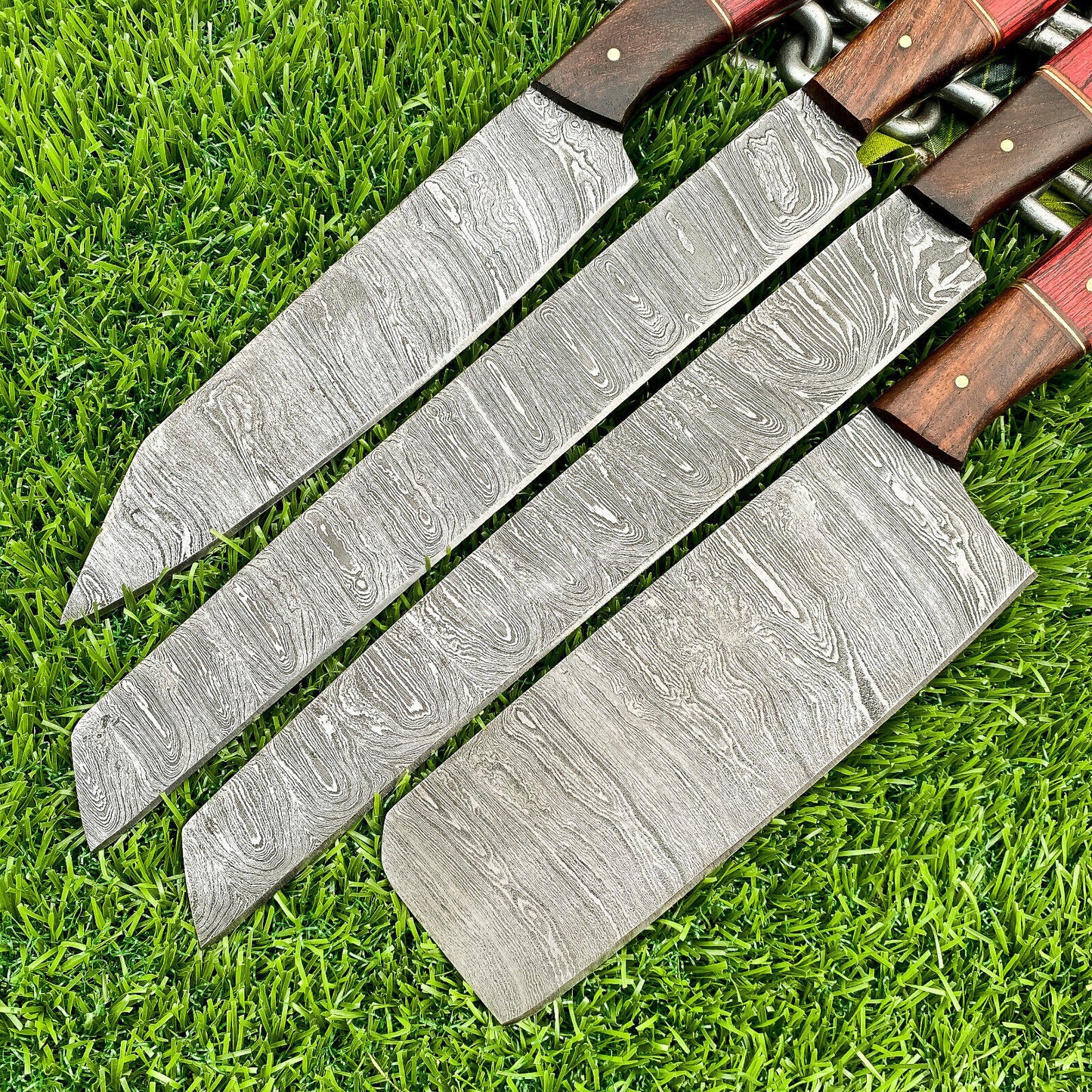 Lot of 4 Handmade Damascus Steel Chef Knives Set – Full Tang Kitchen Knife Collection
