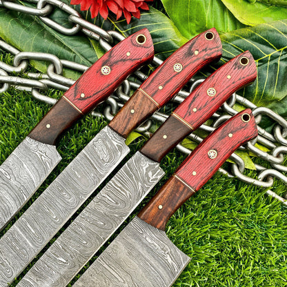 Lot of 4 Handmade Damascus Steel Chef Knives Set – Full Tang Kitchen Knife Collection