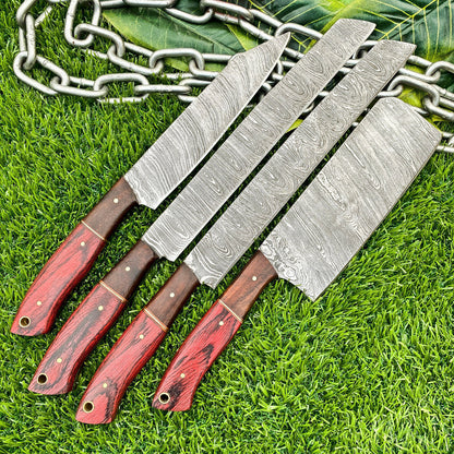 Lot of 4 Handmade Damascus Steel Chef Knives Set – Full Tang Kitchen Knife Collection