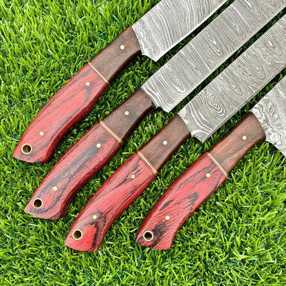 Lot of 4 Handmade Damascus Steel Chef Knives Set – Full Tang Kitchen Knife Collection