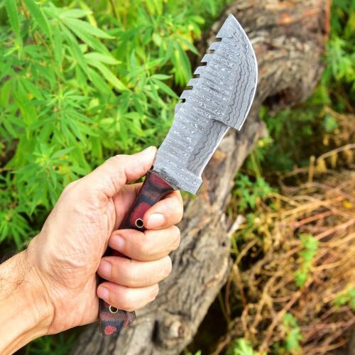 Handmade Damascus Steel Tracker Knife – Military Tactical Hunting Survival Full Tang with Leather Sheath