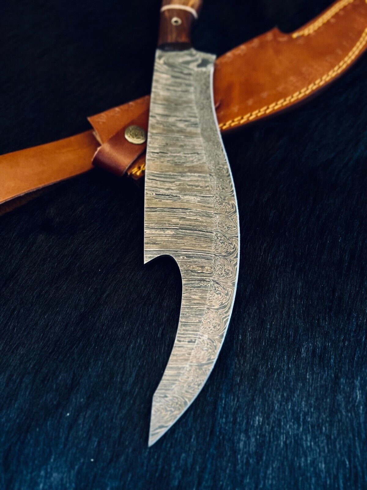 Heritage Forge 15.5 Inch Fire Damascus Steel Machete Knife with Camel Bone and Wood Handle
