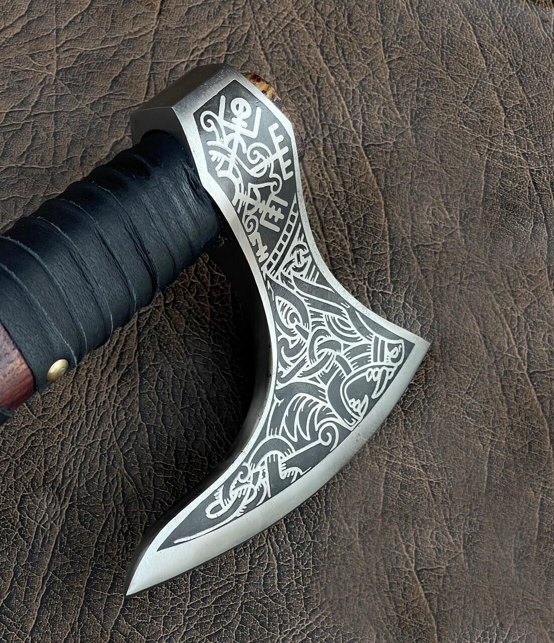 Custom Handmade Viking Axe Carbon Steel Bushcraft Forest Hatchet with Wooden Handle and Leather Sheath