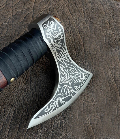 Custom Handmade Viking Axe Carbon Steel Bushcraft Forest Hatchet with Wooden Handle and Leather Sheath