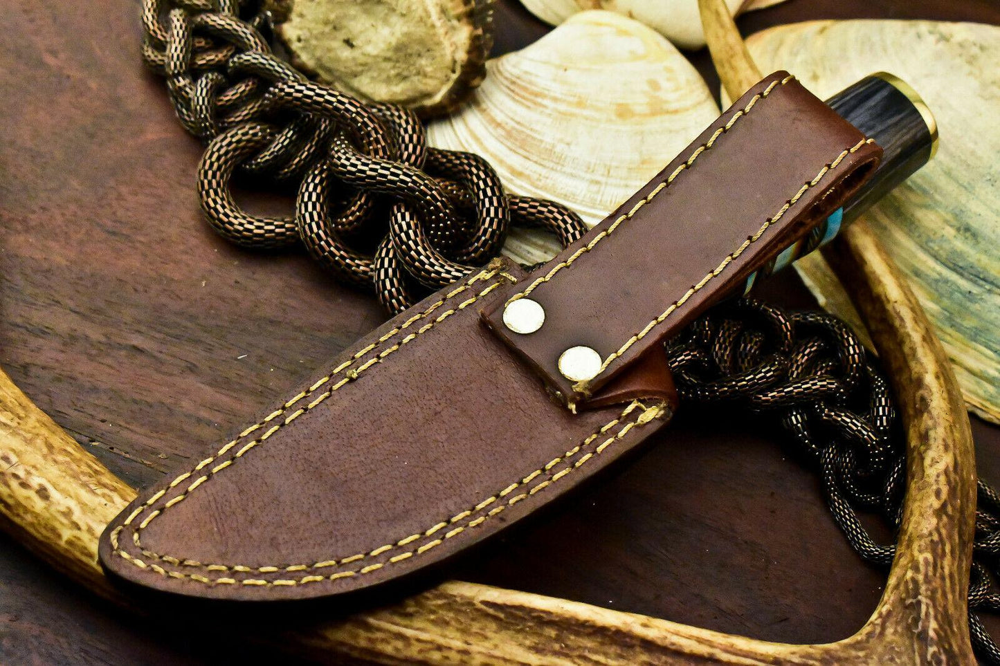 Handmade Damascus Bowie Knife | 8" Hardwood & Camel Bone Handle