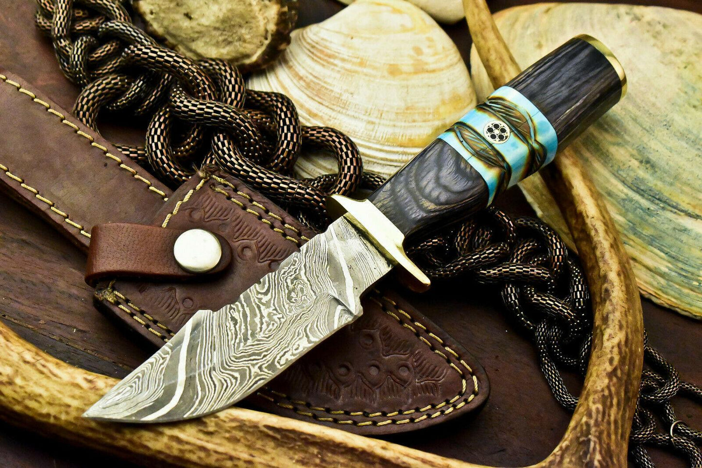 Handmade Damascus Bowie Knife | 8" Hardwood & Camel Bone Handle