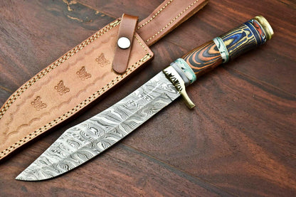 12.5" Custom Damascus Bowie Knife | Handmade Hunting Blade with Hardwood Handle