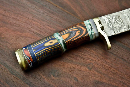 12.5" Custom Damascus Bowie Knife | Handmade Hunting Blade with Hardwood Handle