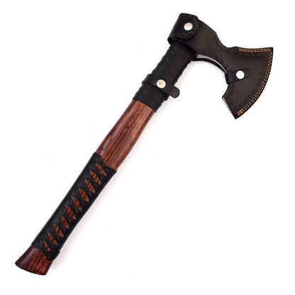Viking Medieval Battle Axe with Decorated Carbon Steel Blade and Leather Wrapped Sheesham Handle 18.5 Inch with Sheath