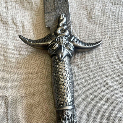 16" Handmade Damascus Steel Bowie Knife with Pewter Handle & Sheath