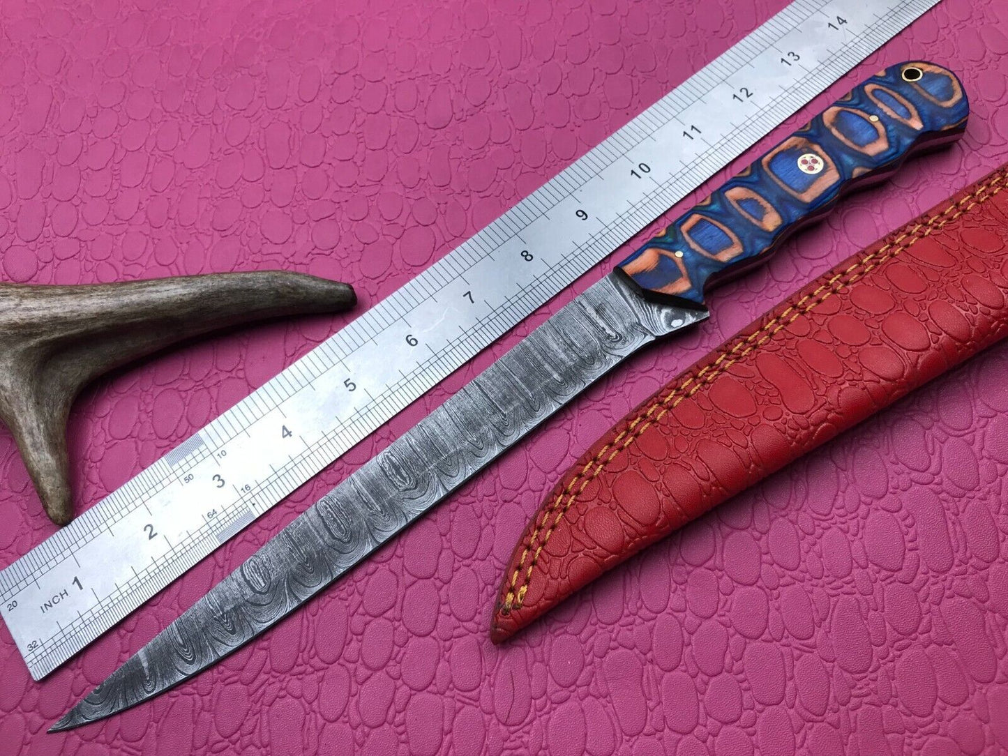 14" Handmade Damascus Fillet Knife Premium Damascus Steel Knife W/Sheath