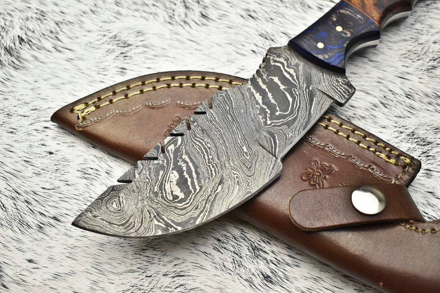 10.0" Handmade Damascus Steel Tracker Knife | Hardwood Handle & Leather Sheath