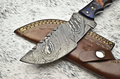 10.0" Handmade Damascus Steel Tracker Knife | Hardwood Handle & Leather Sheath