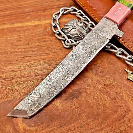 12 Inch Custom Damascus Steel Bowie Knife with Resin and Wood Handle