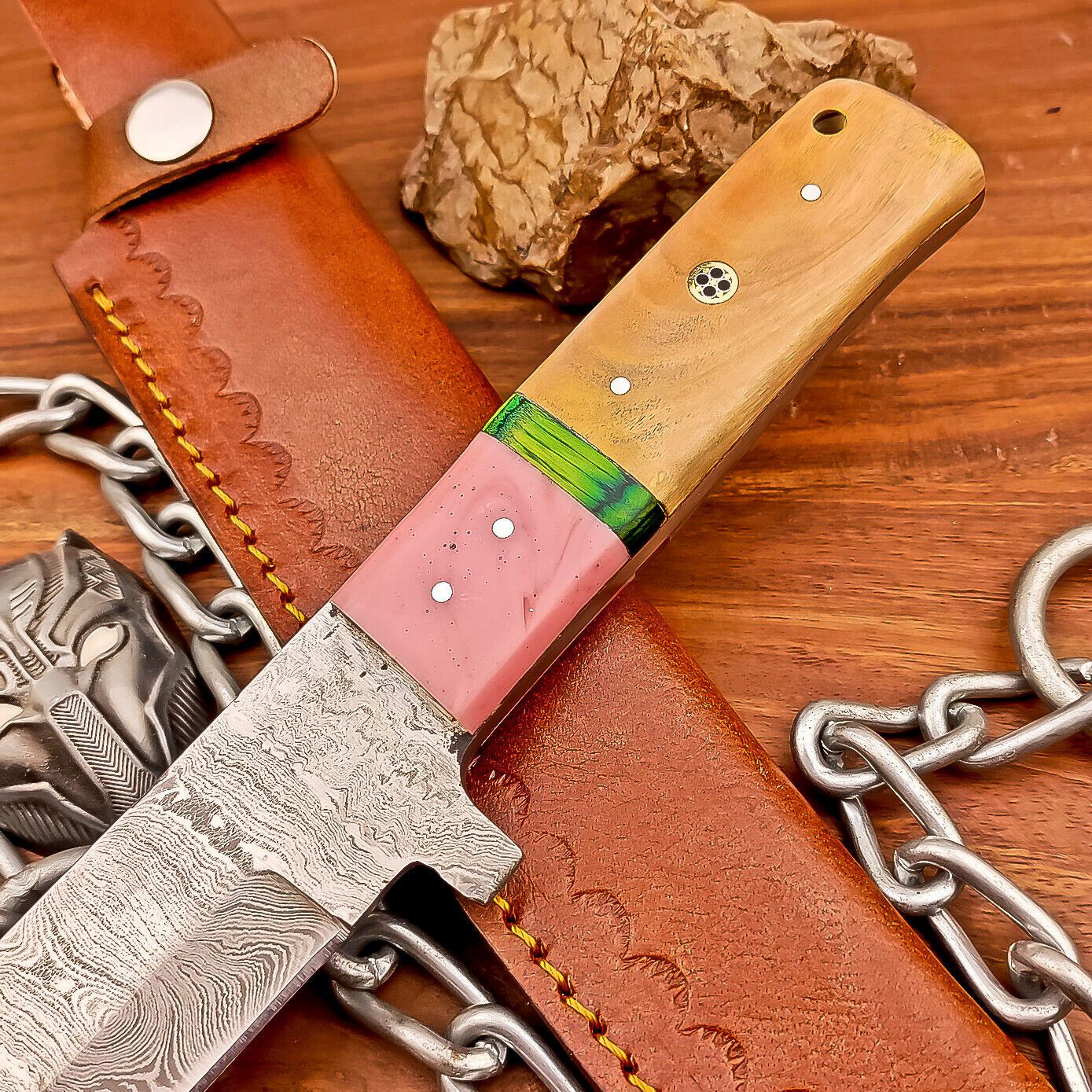 12 Inch Custom Damascus Steel Bowie Knife with Resin and Wood Handle