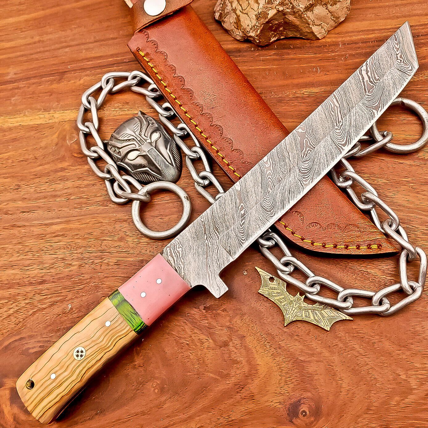 12 Inch Custom Damascus Steel Bowie Knife with Resin and Wood Handle
