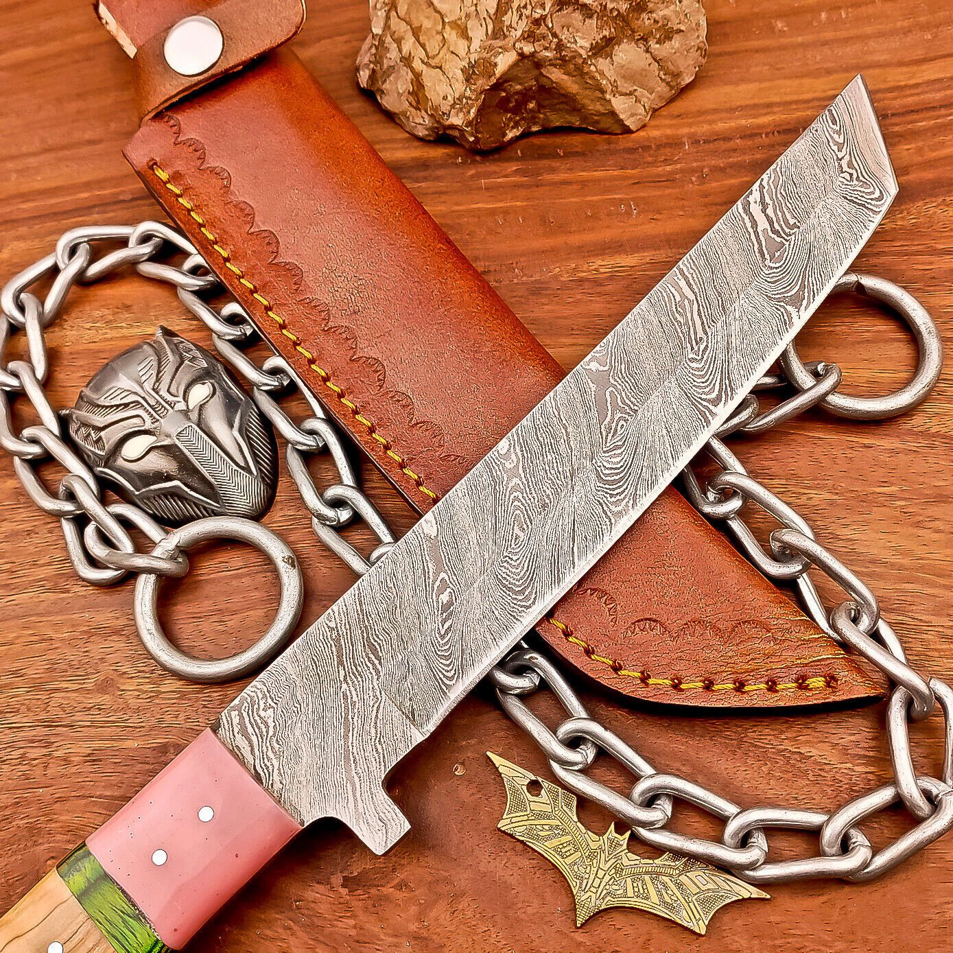 12 Inch Custom Damascus Steel Bowie Knife with Resin and Wood Handle