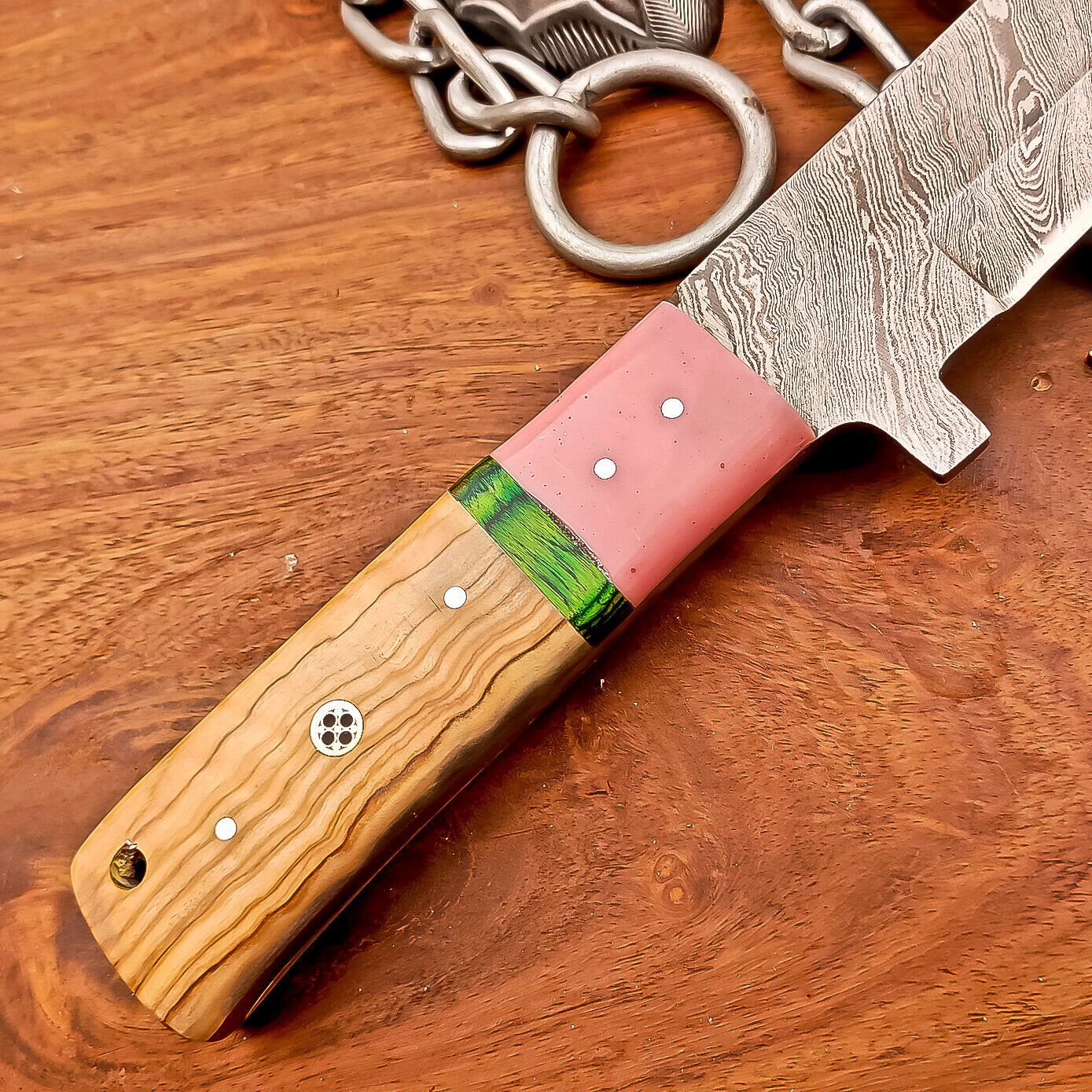 12 Inch Custom Damascus Steel Bowie Knife with Resin and Wood Handle