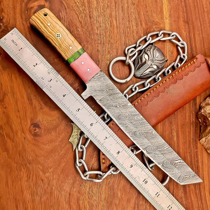 12 Inch Custom Damascus Steel Bowie Knife with Resin and Wood Handle
