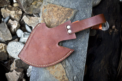 Custom Clever Chopper Axe Knife Twist Damascus with Hardwood Handle and Leather Sheath for Hiking