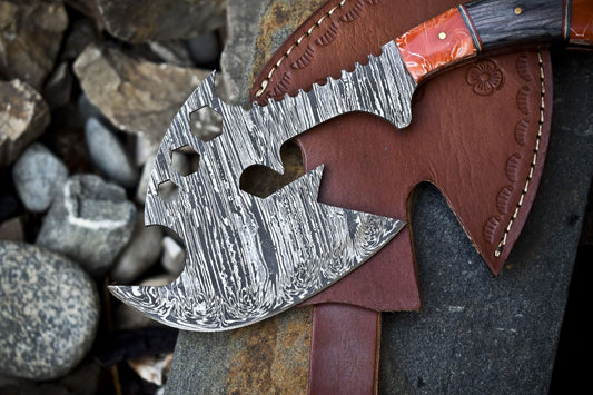 Custom Clever Chopper Axe Knife Twist Damascus with Hardwood Handle and Leather Sheath for Hiking