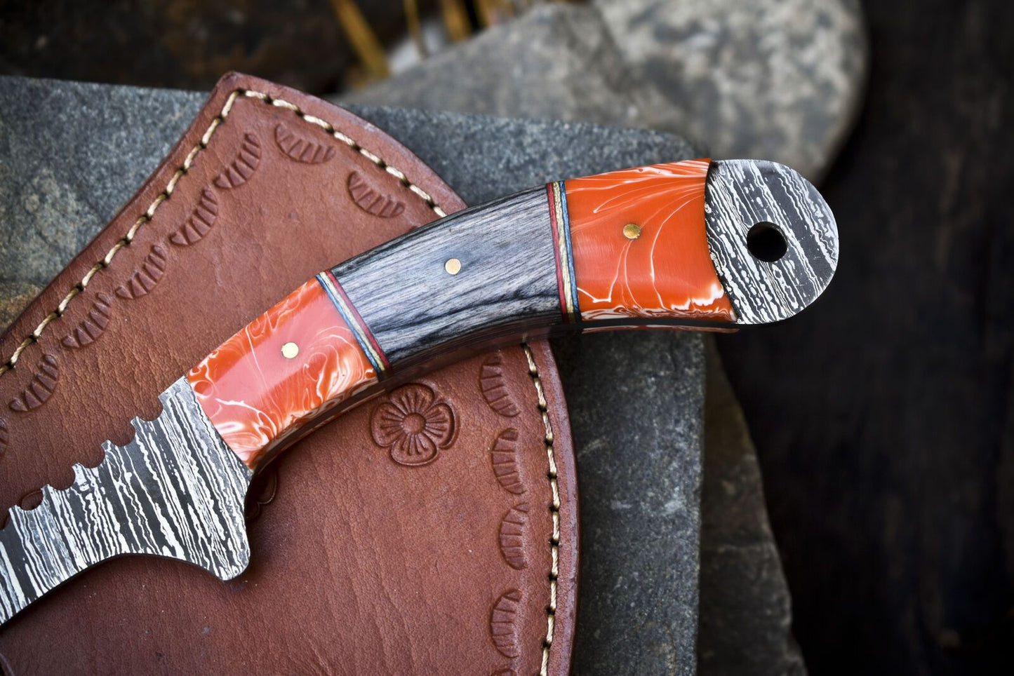 Custom Clever Chopper Axe Knife Twist Damascus with Hardwood Handle and Leather Sheath for Hiking