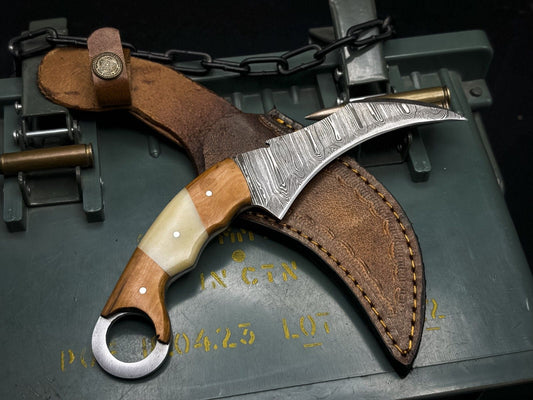 8” Handmade Damascus Karambit Knife Best Karambit Knife With Wood and Bone Handle