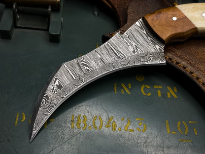 8” Handmade Damascus Karambit Knife Best Karambit Knife With Wood and Bone Handle