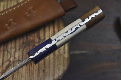 Hand Forged Twist Damascus Skinner Knife with Bone Handle for Fishing and Hunting
