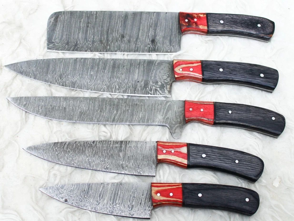 Damascus 5 PCS Chef Knife Set – Custom Handmade Kitchen Knives with Sheath