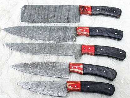 Damascus 5 PCS Chef Knife Set – Custom Handmade Kitchen Knives with Sheath
