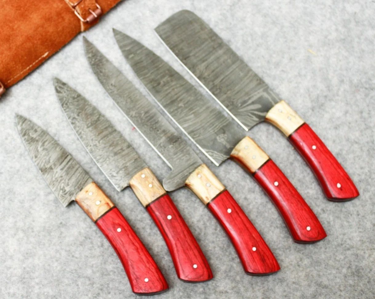 Damascus 5 PCS Chef Knife Set – Custom Handmade Kitchen Knives with Sheath