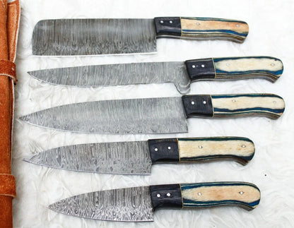 Damascus 5 PCS Chef Knife Set – Custom Handmade Kitchen Knives with Sheath