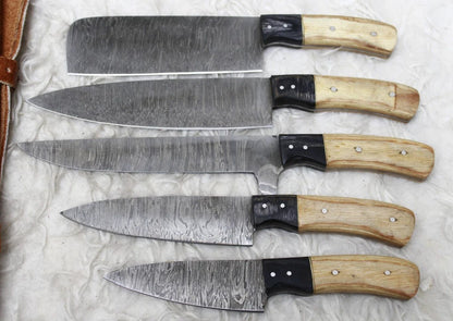 Damascus 5 PCS Chef Knife Set – Custom Handmade Kitchen Knives with Sheath