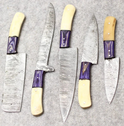 Damascus 5 PCS Chef Knife Set – Custom Handmade Kitchen Knives with Sheath