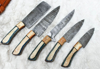 Damascus 5 PCS Chef Knife Set – Custom Handmade Kitchen Knives with Sheath