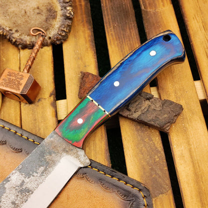 Handmade Carbon Steel Bowie Knife – Wood Handle & Leather Sheath (15")