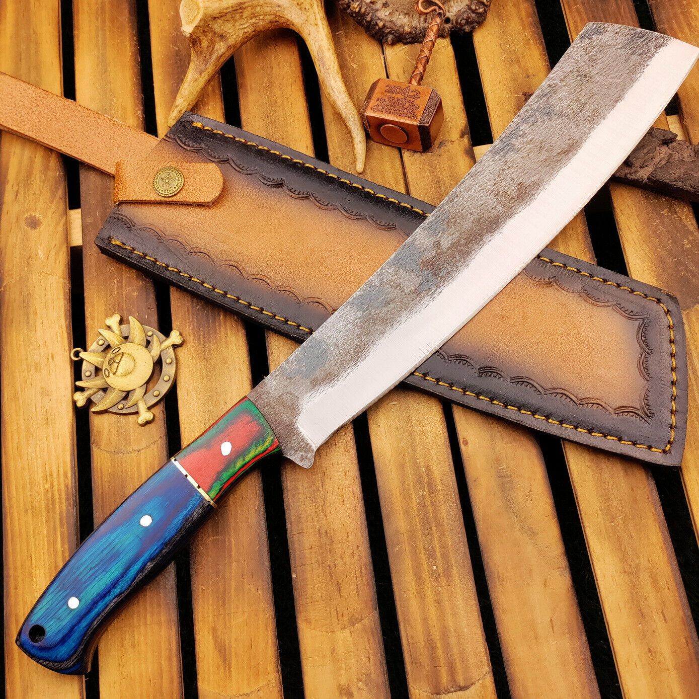 Handmade Carbon Steel Bowie Knife – Wood Handle & Leather Sheath (15")