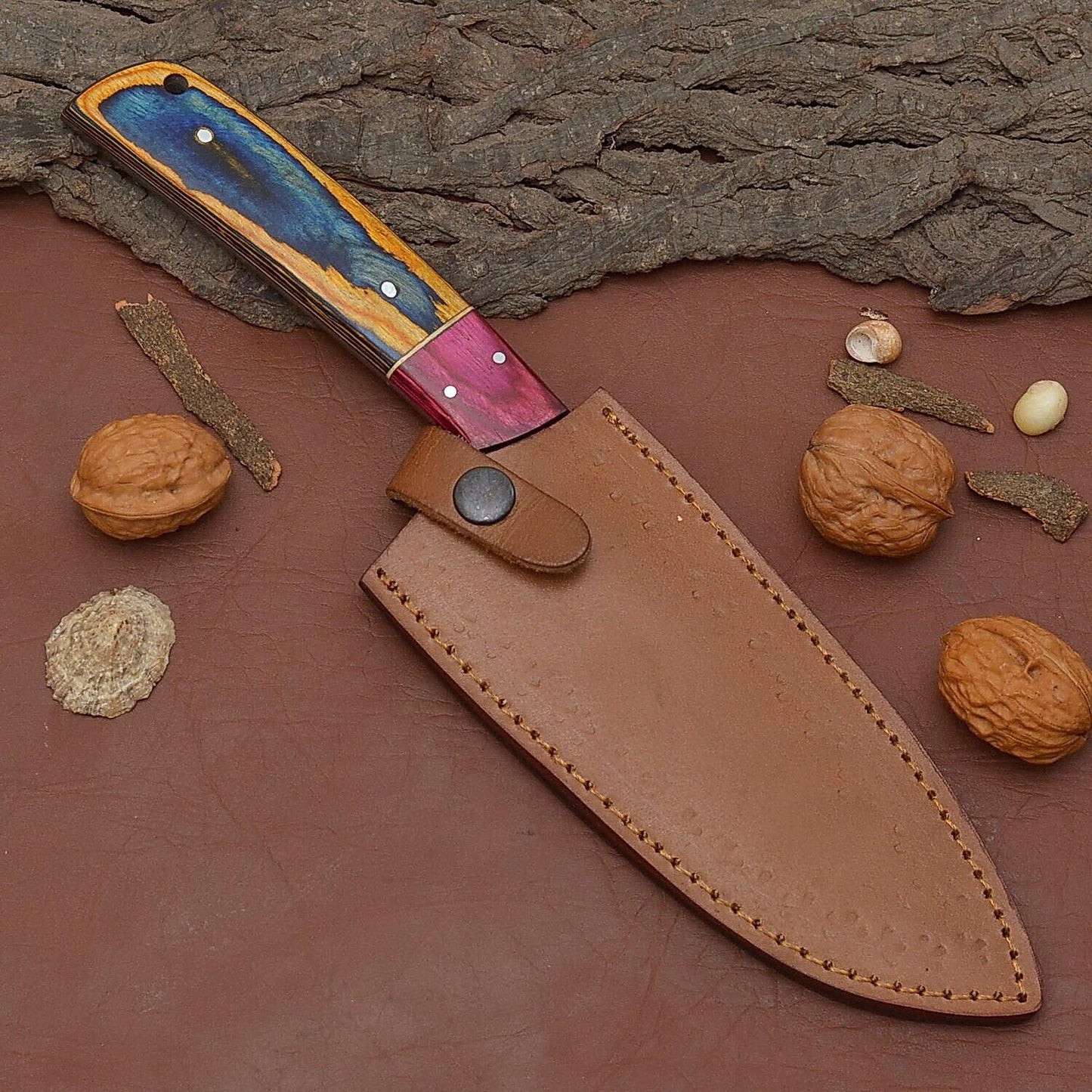 Handmade Damascus Steel 7" Fillet Chef Knife with Pakka Wood Handle & Leather Sheath
