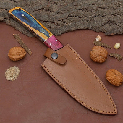 Handmade Damascus Steel 7" Fillet Chef Knife with Pakka Wood Handle & Leather Sheath