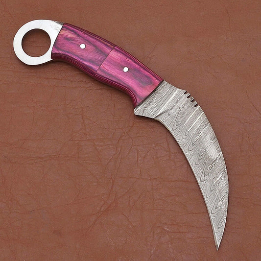 Handmade 9"Damascus Karambit Damascus Steel Hunting Knife with Wood Handle