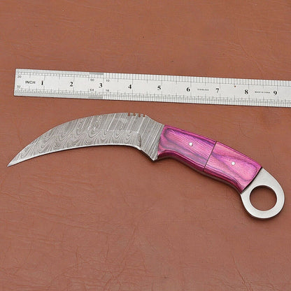 Handmade 9"Damascus Karambit Damascus Steel Hunting Knife with Wood Handle