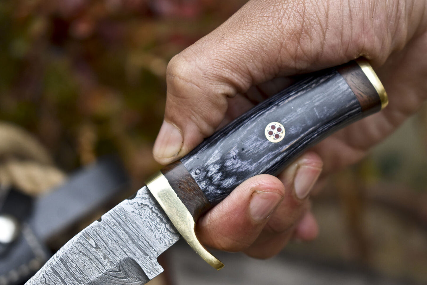Forged Skinner Knife Damascus Ash Wood Brass Guard Military Collectible w/ Leather Sheath