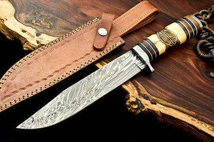 13" Handmade Damascus Steel Bowie Knife with Camel Bone Handle