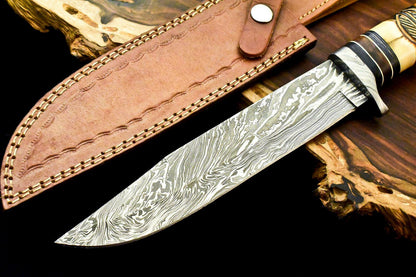 13" Handmade Damascus Steel Bowie Knife with Camel Bone Handle