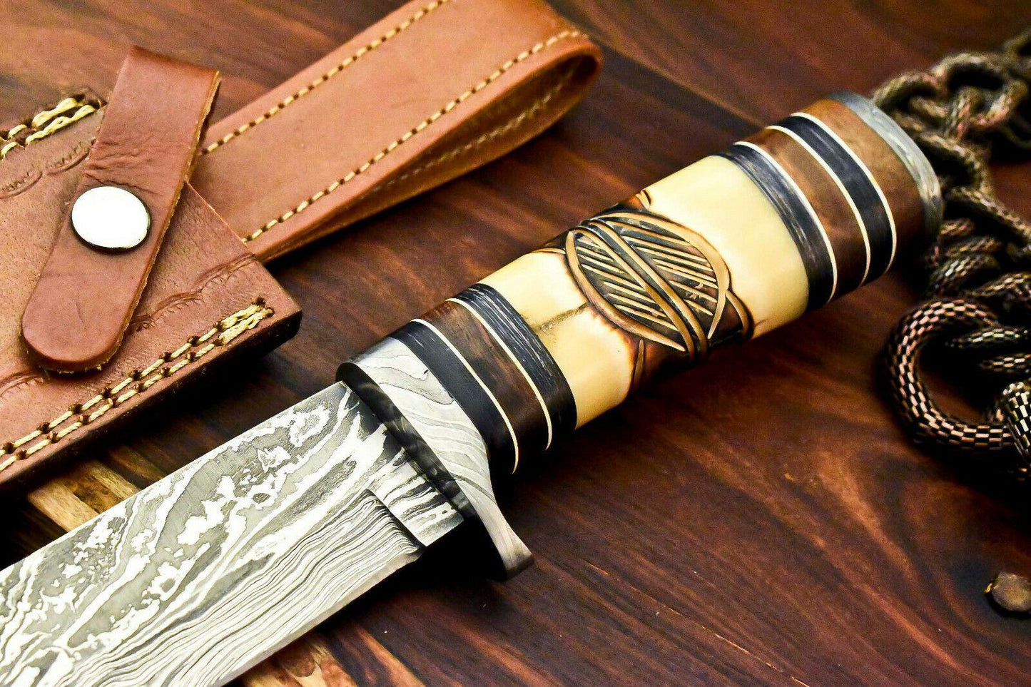 13" Handmade Damascus Steel Bowie Knife with Camel Bone Handle