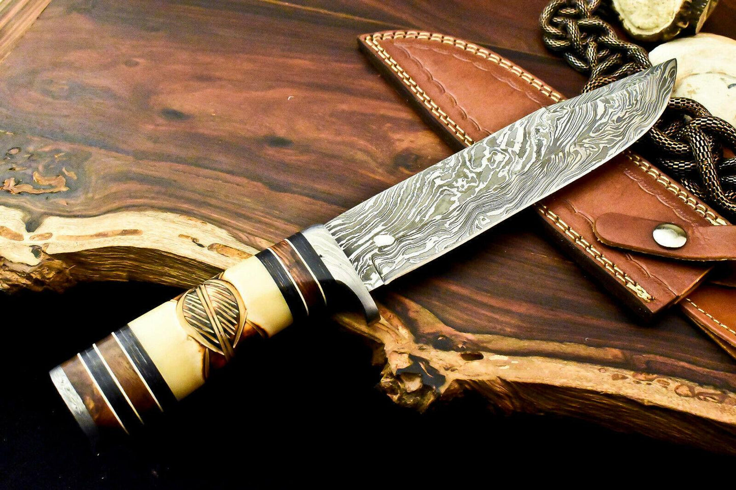 13" Handmade Damascus Steel Bowie Knife with Camel Bone Handle