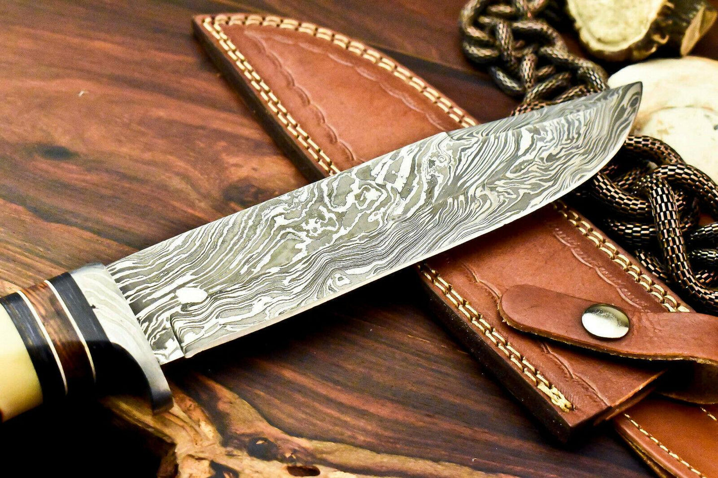 13" Handmade Damascus Steel Bowie Knife with Camel Bone Handle