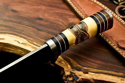 13" Handmade Damascus Steel Bowie Knife with Camel Bone Handle