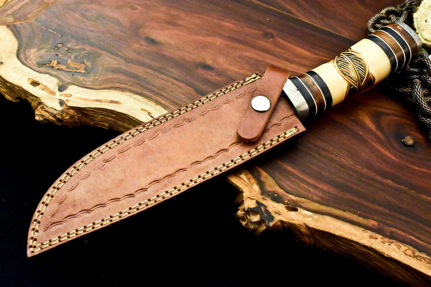 13" Handmade Damascus Steel Bowie Knife with Camel Bone Handle